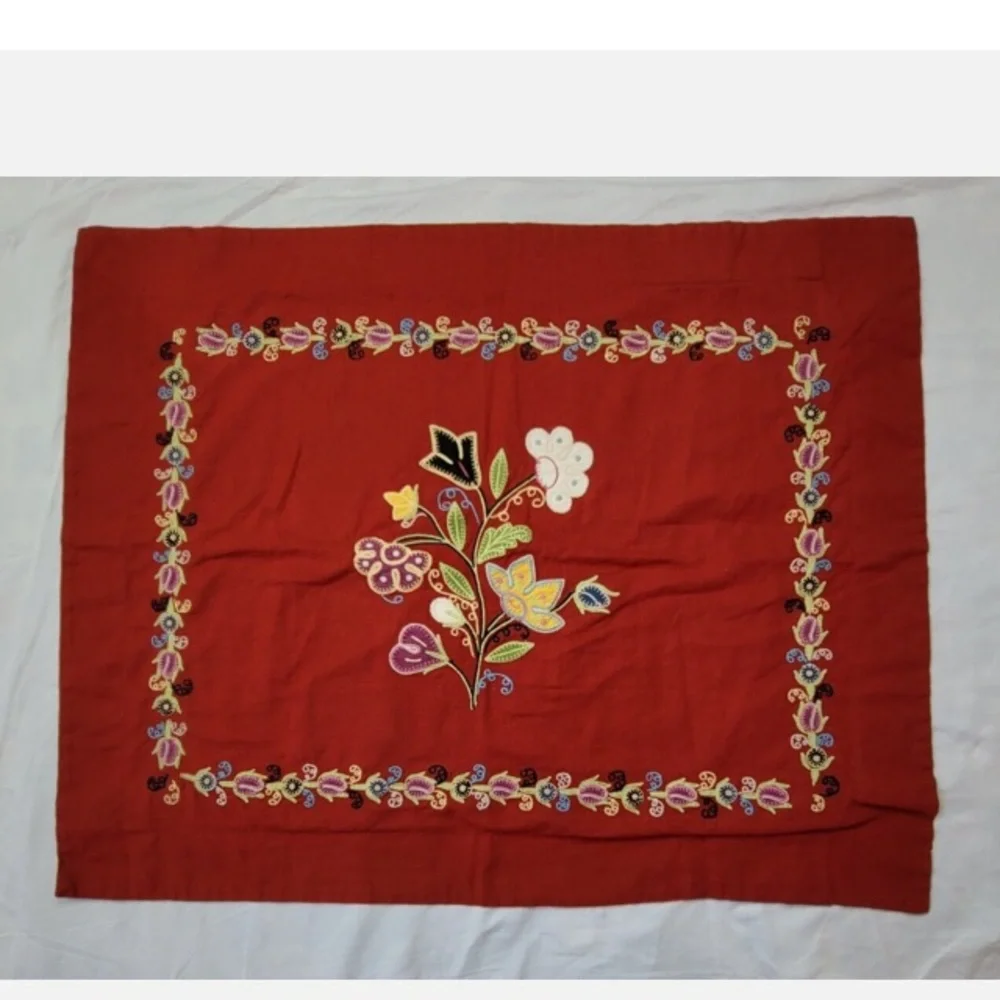 POTTERY BARN Red Embroidered Jacobean Floral Pillow Sham 24 x 30 inches Standard
